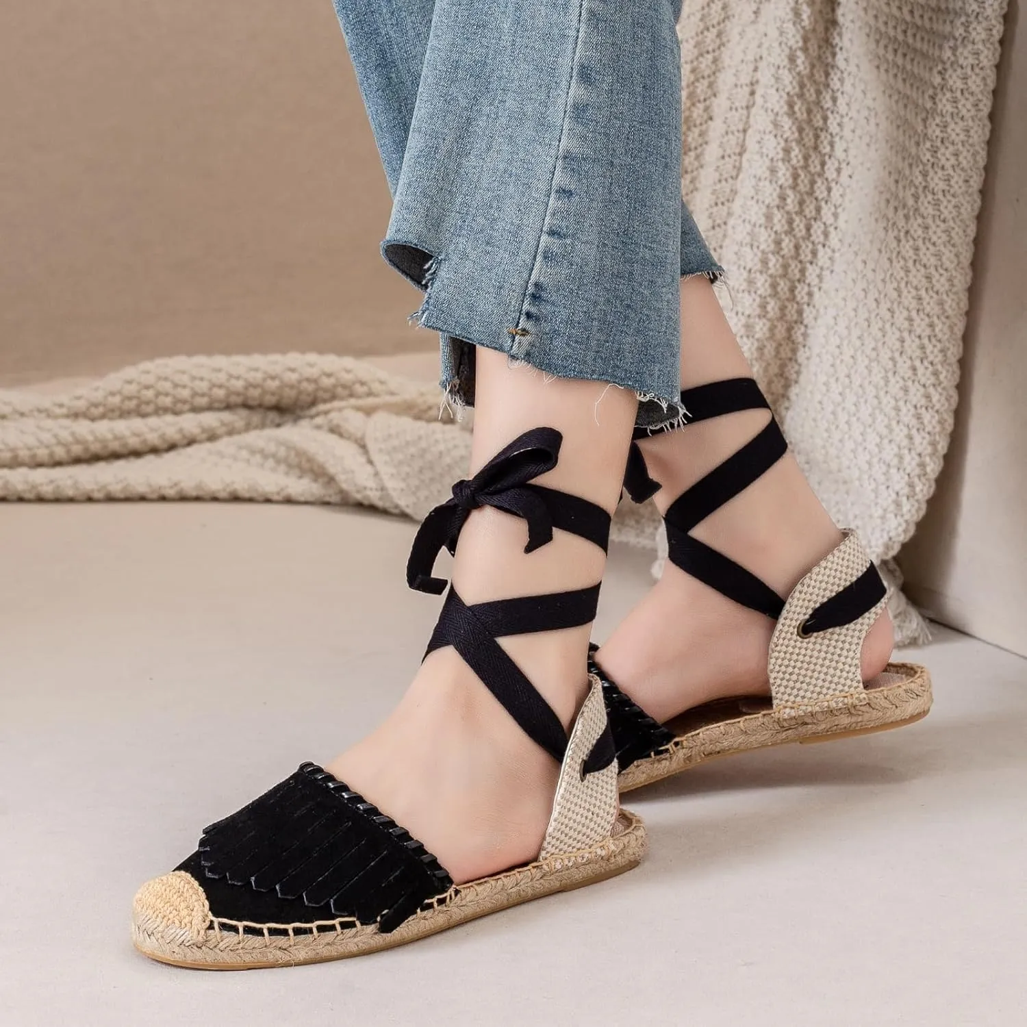 Women Espadrille Lace Up Flats Comfortable Summer Breathable Espadrille Sandals Adjustable Shoelace Dating Work Travel