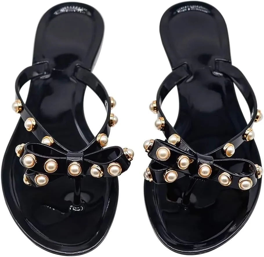 Women Flip-Flops Jelly Thong Rubber Strap Pearled Bow Sandals Beach Flat Rivets Rain Shoes