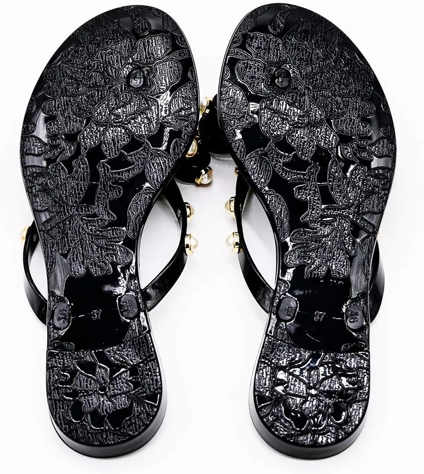 Women Flip-Flops Jelly Thong Rubber Strap Pearled Bow Sandals Beach Flat Rivets Rain Shoes