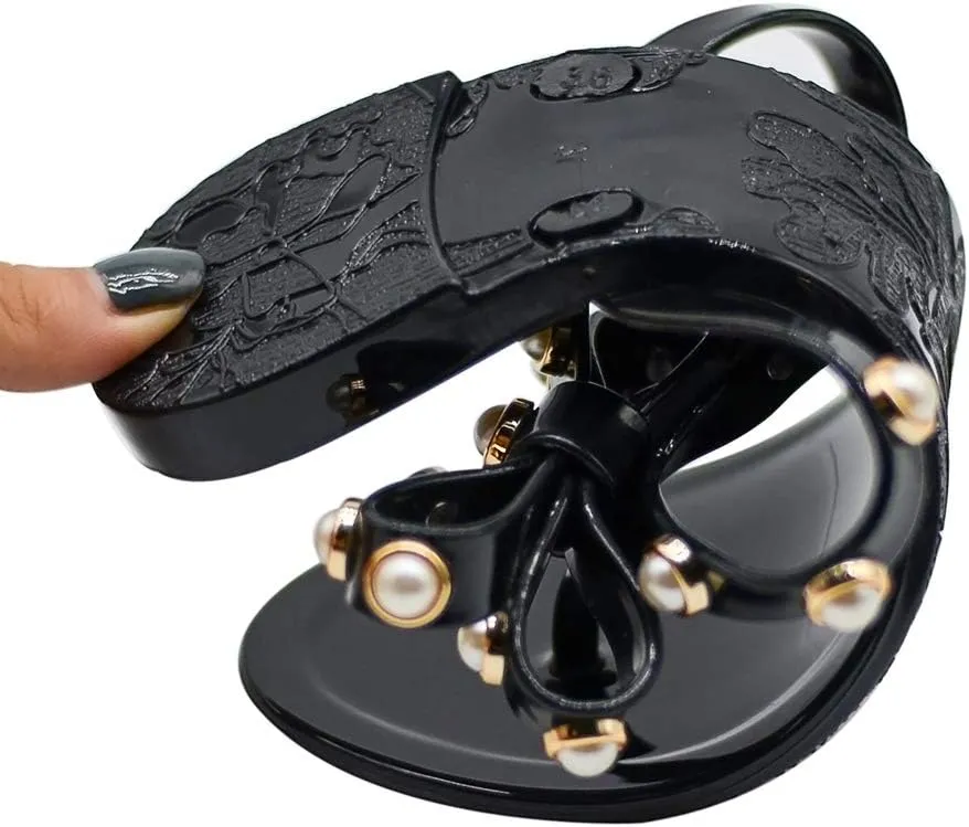 Women Flip-Flops Jelly Thong Rubber Strap Pearled Bow Sandals Beach Flat Rivets Rain Shoes
