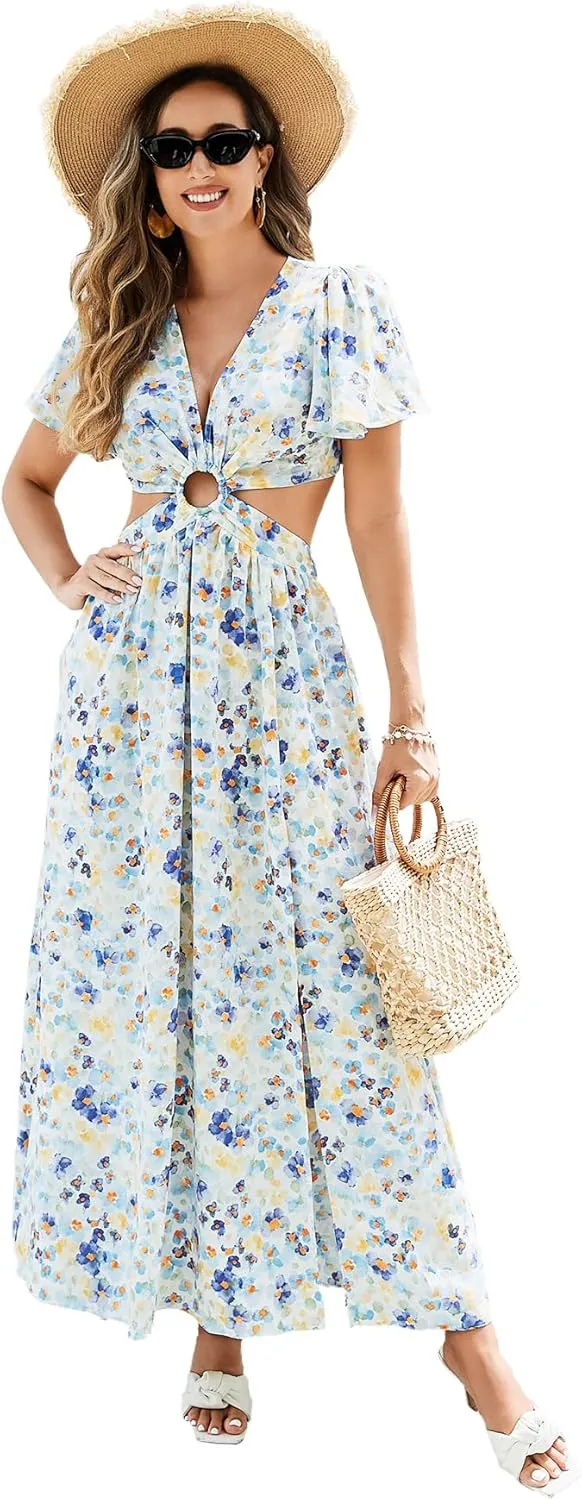 Women Floral Print Cut-Out Maxi Dress Elegant Polyester Summer Dress for Women Travel Vacation