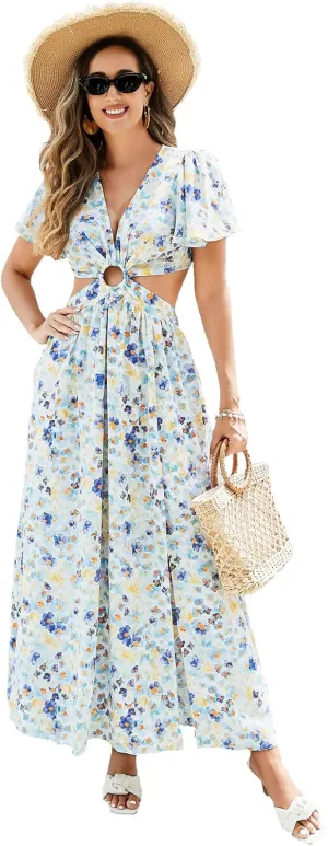 Women Floral Print Cut-Out Maxi Dress Elegant Polyester Summer Dress for Women Travel Vacation