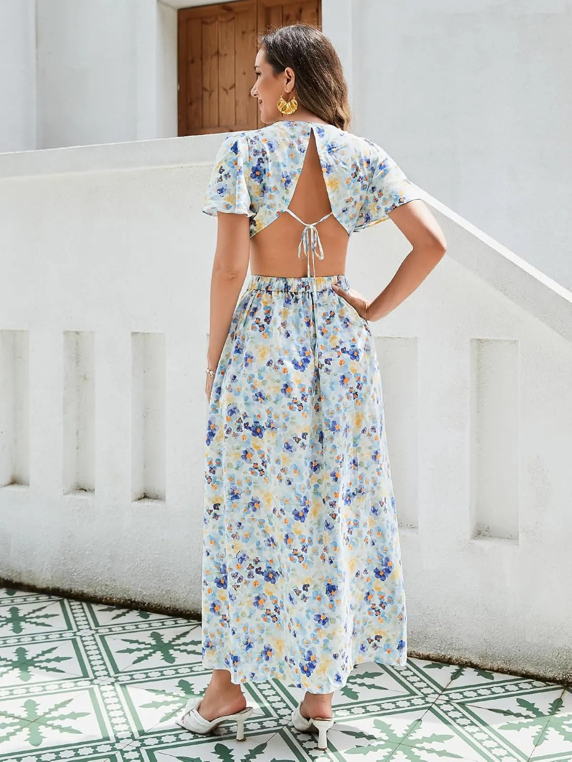 Women Floral Print Cut-Out Maxi Dress Elegant Polyester Summer Dress for Women Travel Vacation