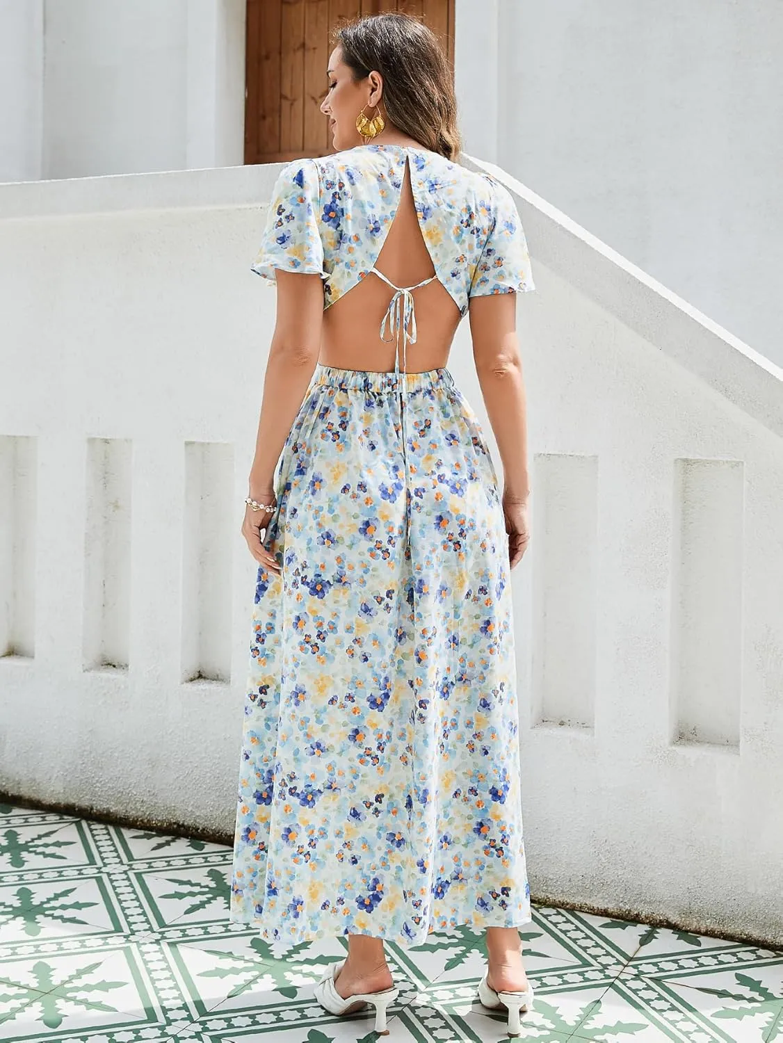 Women Floral Print Cut-Out Maxi Dress Elegant Polyester Summer Dress for Women Travel Vacation