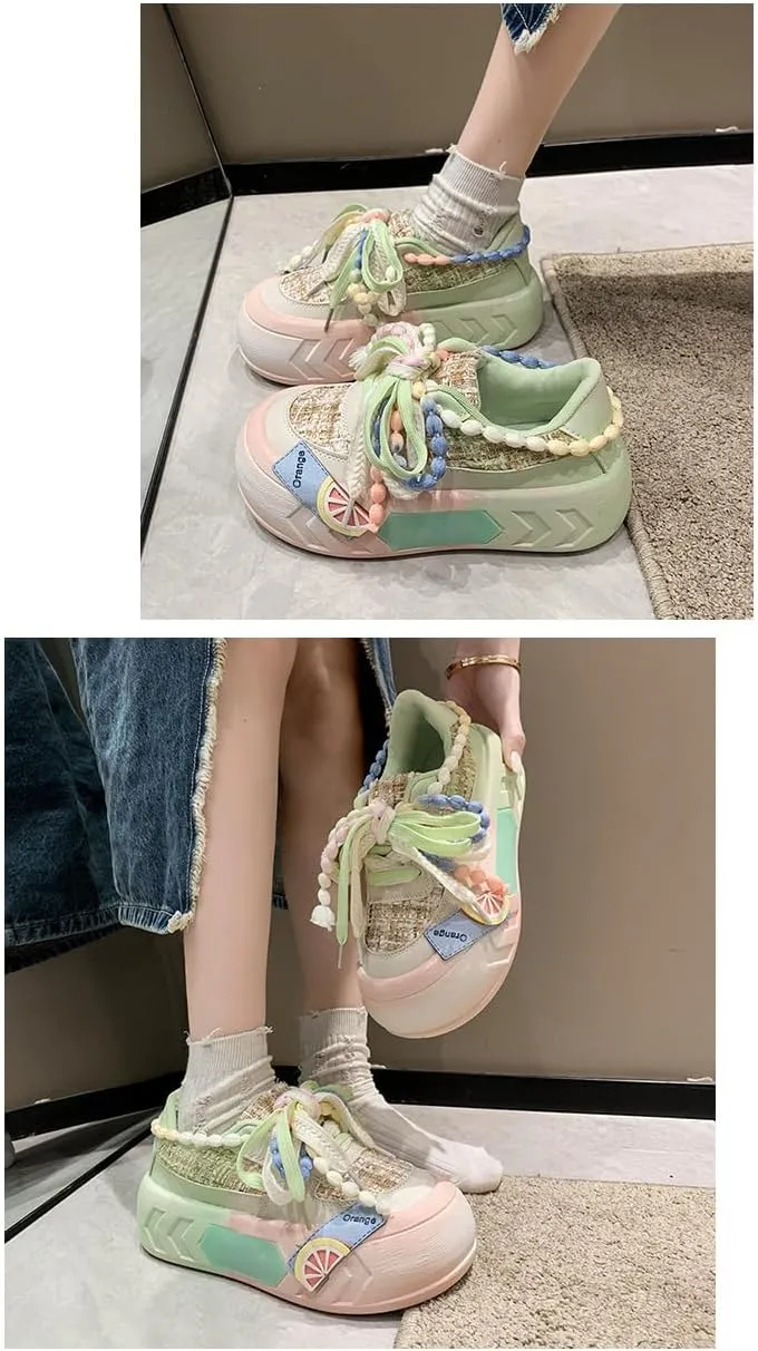 Women Kawaii Shoes Y2k Shoes Walking Sneakers Women Platform Chunky Cute Linen Thick Roundhead Rave Shoes Travel