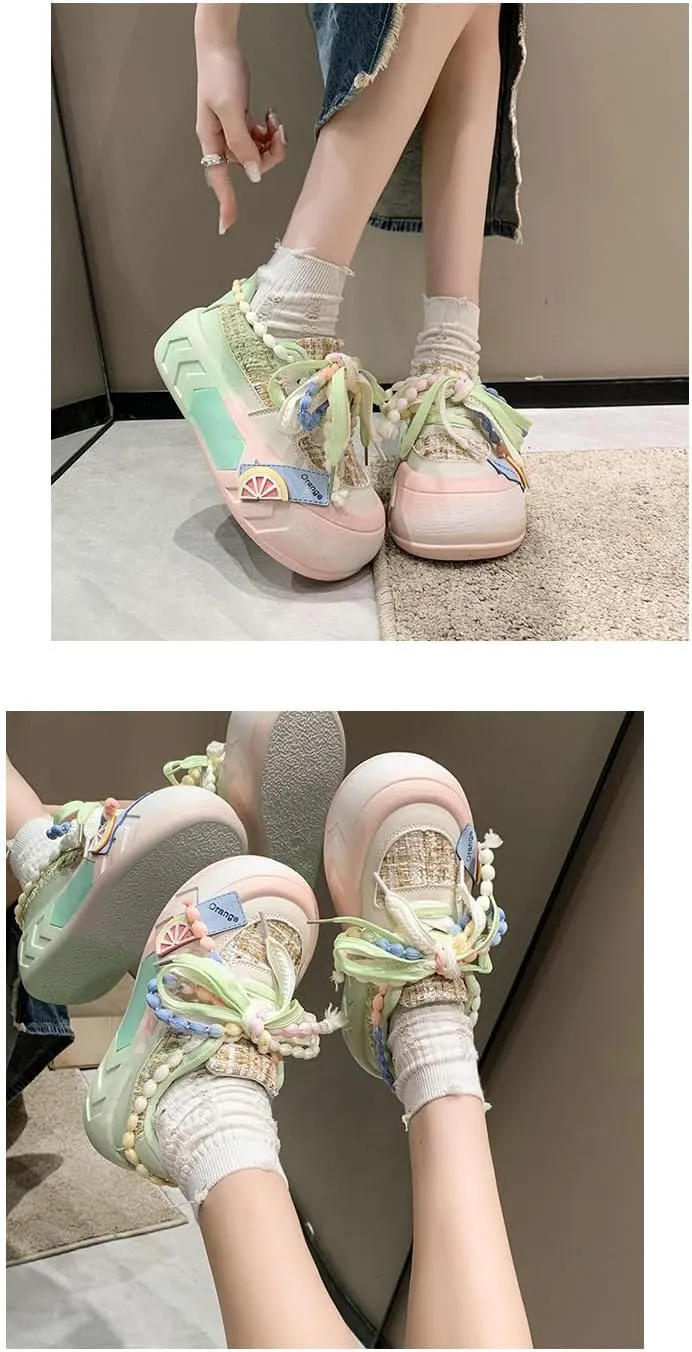 Women Kawaii Shoes Y2k Shoes Walking Sneakers Women Platform Chunky Cute Linen Thick Roundhead Rave Shoes Travel