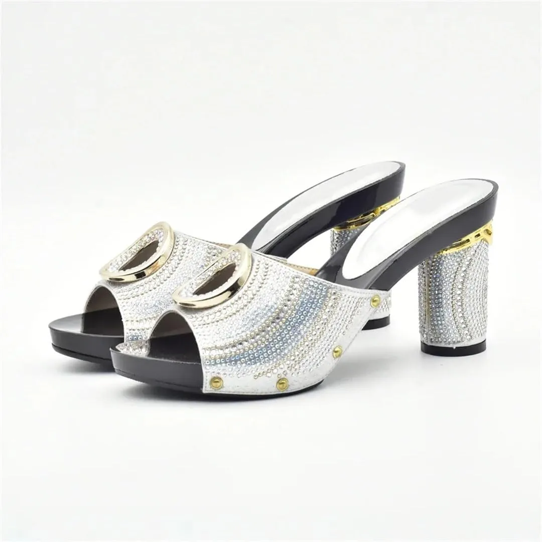 Women Luxury Rhinestone High Heel Pumps Slip-On Round Toe Elegant Party Wedding Shoes