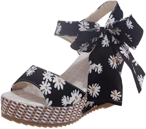 Women Platform Wedge Sandals Cute Slip On Wedge Espadrille Ankle Lace Up Open-Toe Wedges Heel Ladies Elegant Flora Summer Casual Walking Shoes Outdoors