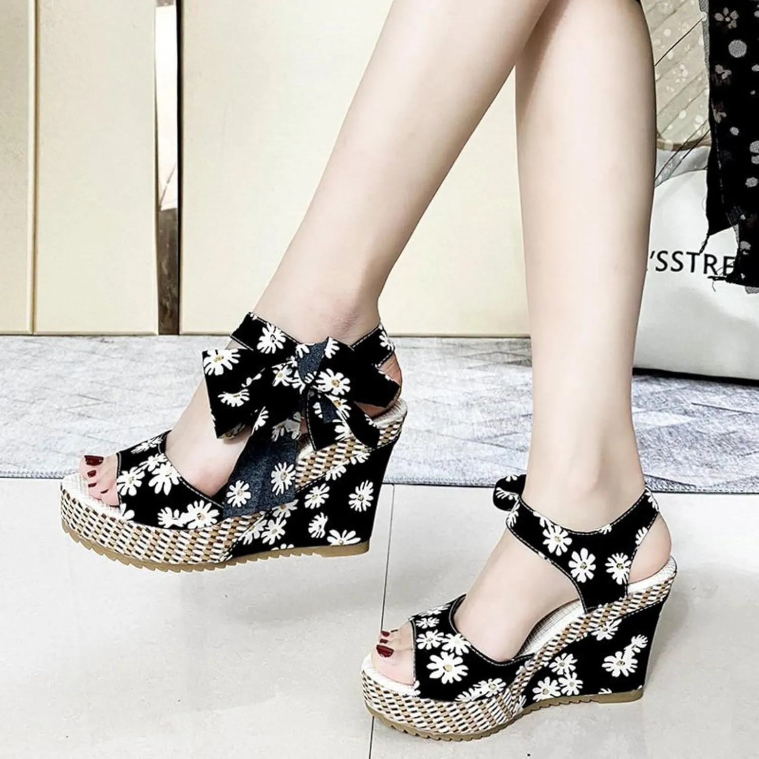 Women Platform Wedge Sandals Cute Slip On Wedge Espadrille Ankle Lace Up Open-Toe Wedges Heel Ladies Elegant Flora Summer Casual Walking Shoes Outdoors