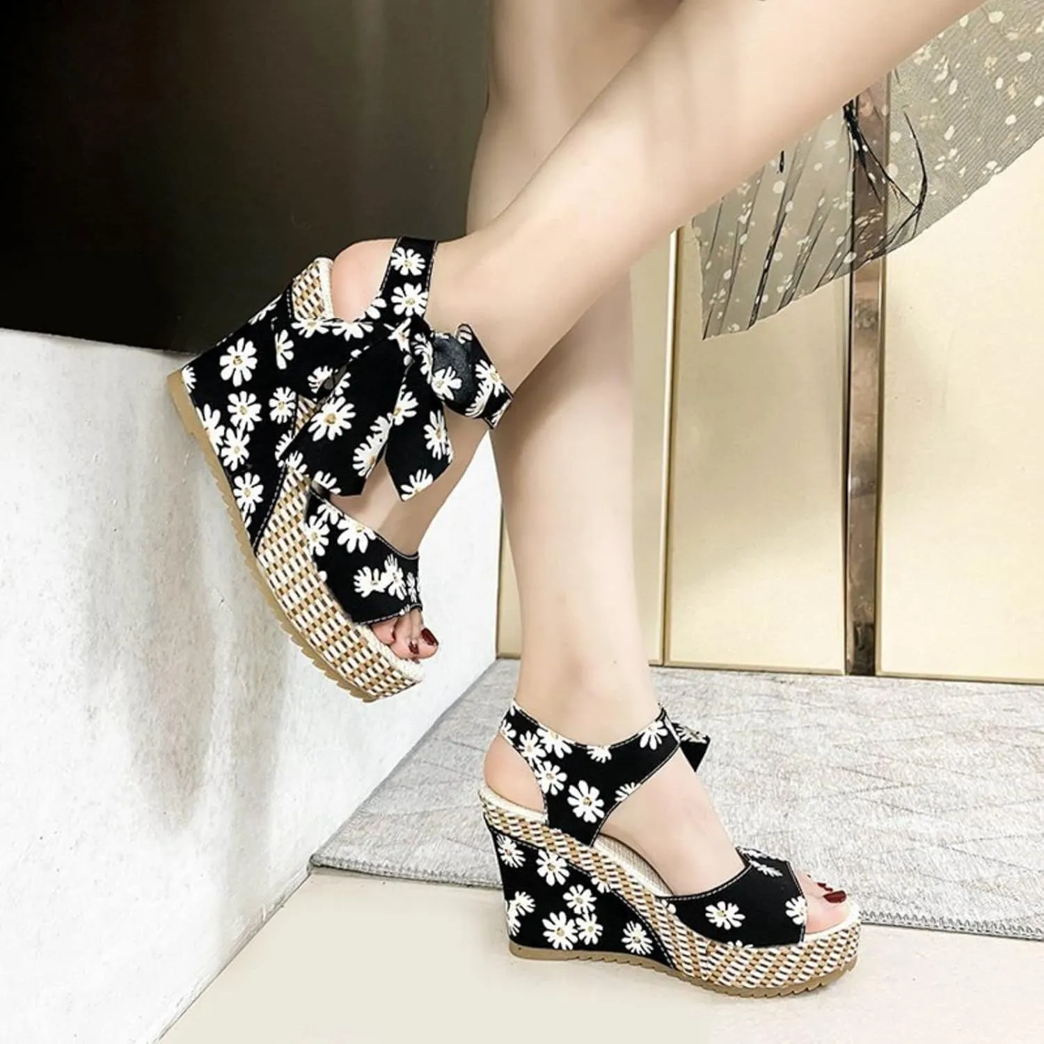 Women Platform Wedge Sandals Cute Slip On Wedge Espadrille Ankle Lace Up Open-Toe Wedges Heel Ladies Elegant Flora Summer Casual Walking Shoes Outdoors