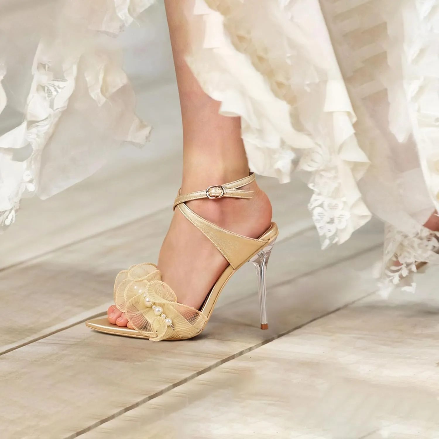 Women Ruffles Pearl Heels Elegant Stiletto Bridal Sandals for Wedding Pointed Toe High Heel Dressy Cross Strap Strappy Party Evening Heels