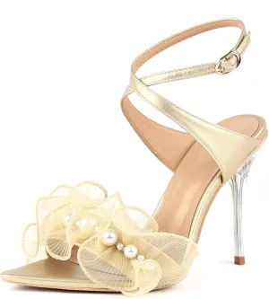 Women Ruffles Pearl Heels Elegant Stiletto Bridal Sandals for Wedding Pointed Toe High Heel Dressy Cross Strap Strappy Party Evening Heels