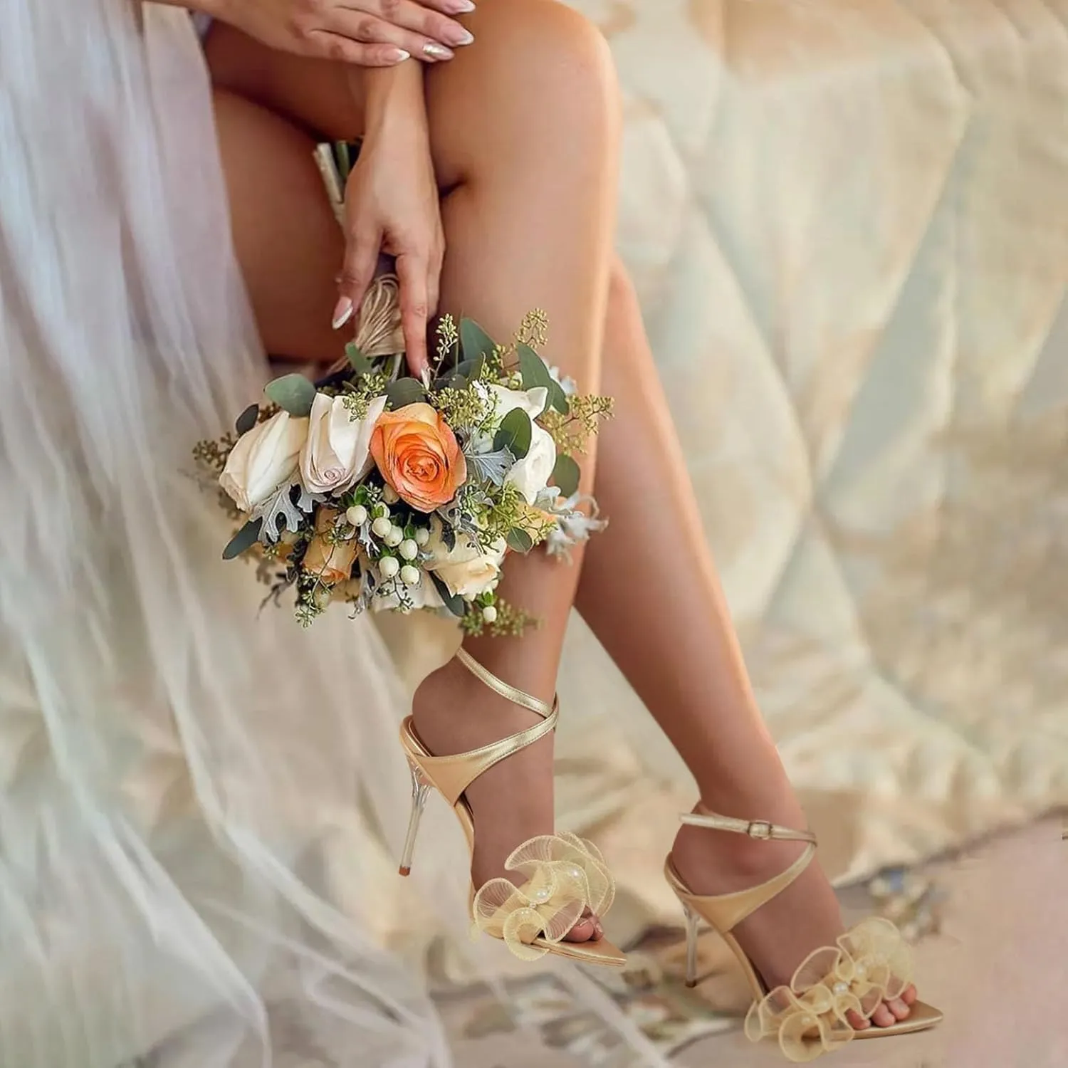 Women Ruffles Pearl Heels Elegant Stiletto Bridal Sandals for Wedding Pointed Toe High Heel Dressy Cross Strap Strappy Party Evening Heels