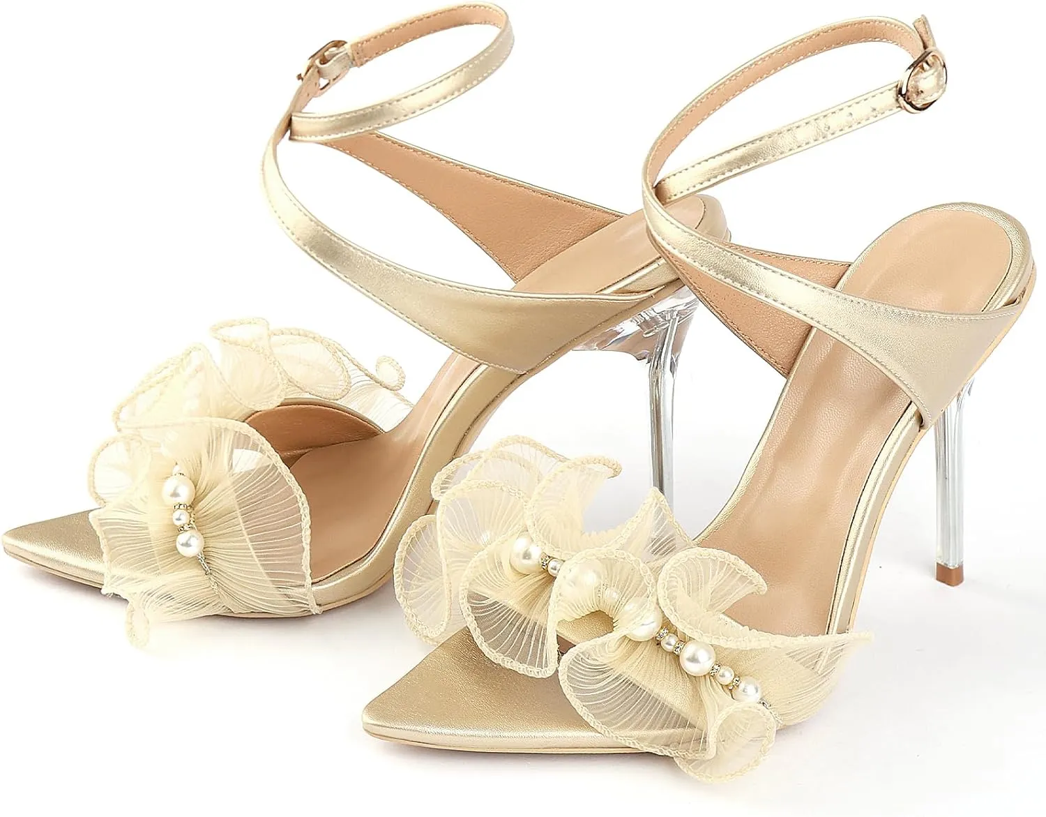 Women Ruffles Pearl Heels Elegant Stiletto Bridal Sandals for Wedding Pointed Toe High Heel Dressy Cross Strap Strappy Party Evening Heels