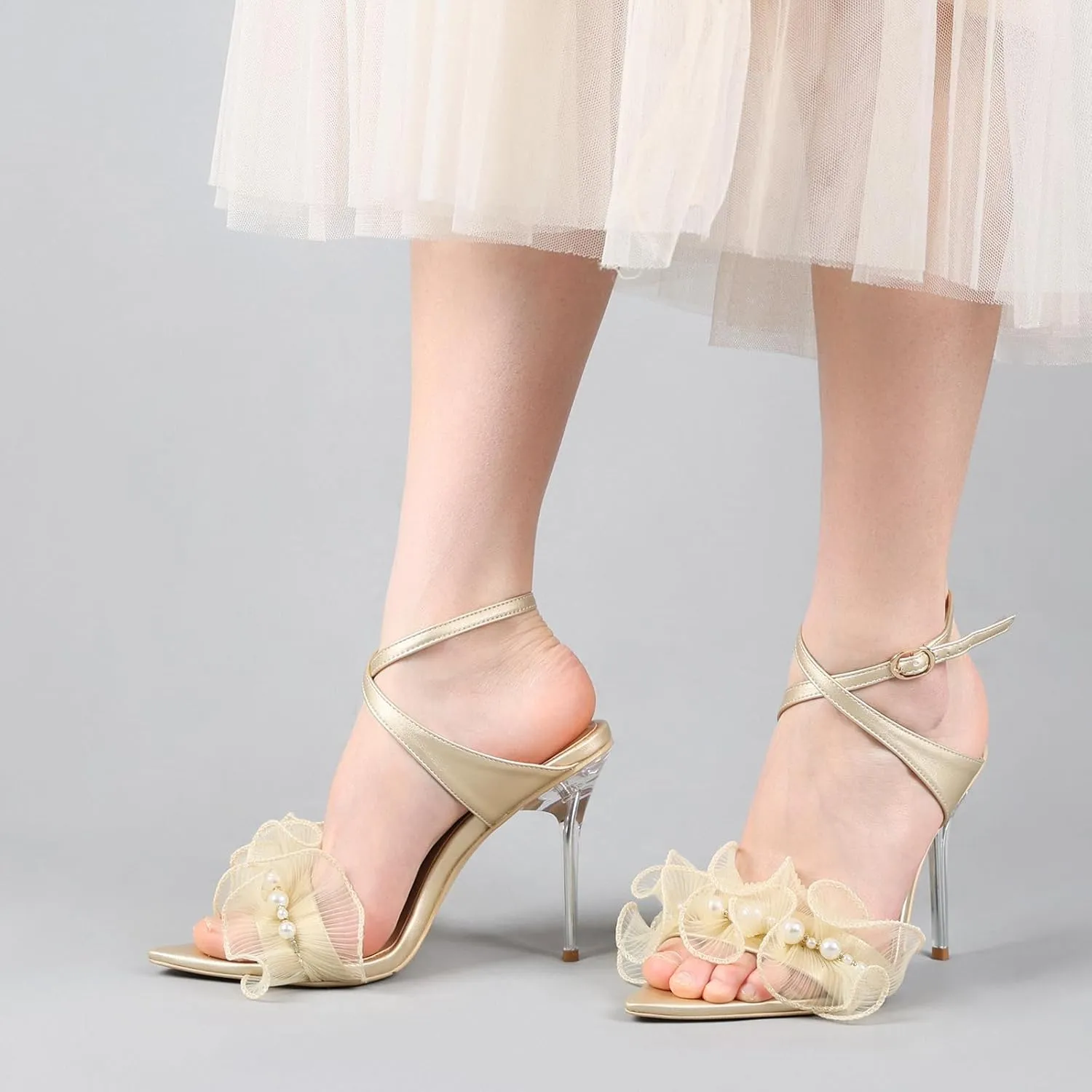 Women Ruffles Pearl Heels Elegant Stiletto Bridal Sandals for Wedding Pointed Toe High Heel Dressy Cross Strap Strappy Party Evening Heels