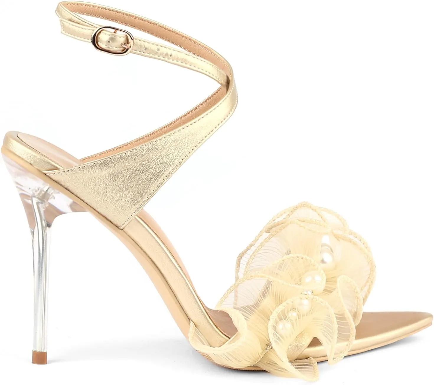 Women Ruffles Pearl Heels Elegant Stiletto Bridal Sandals for Wedding Pointed Toe High Heel Dressy Cross Strap Strappy Party Evening Heels