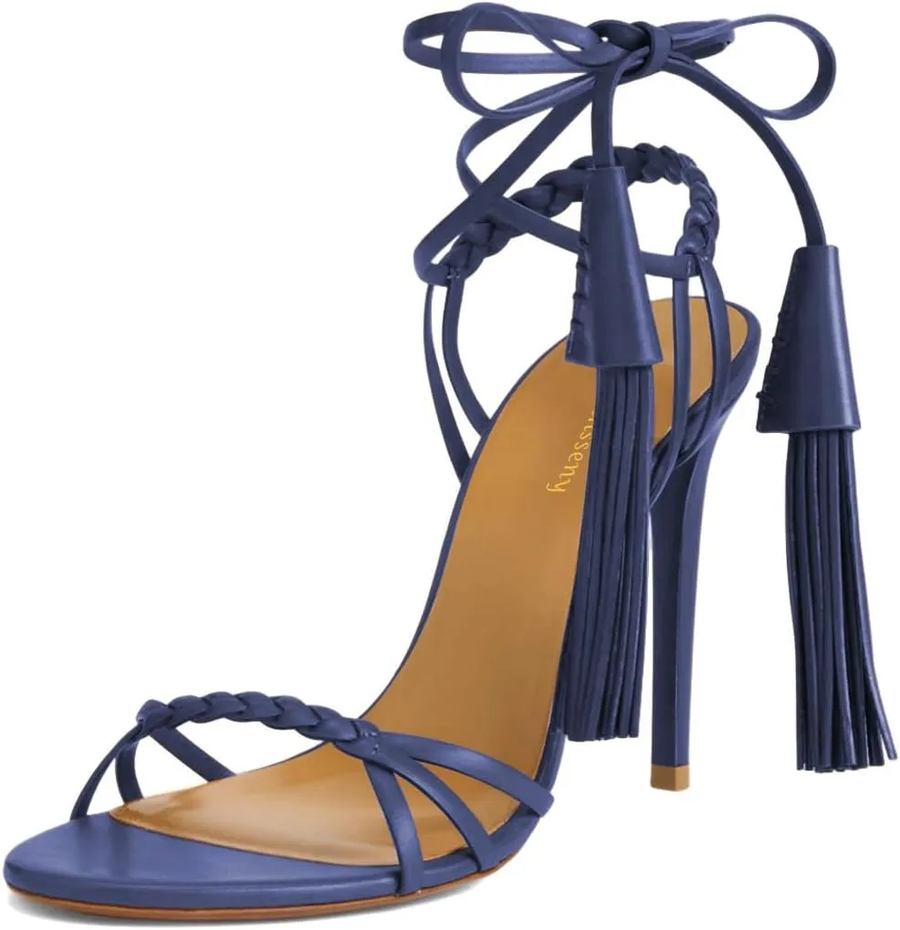 Women Sexy Open Round Toe Lace up Tassels Strappy Sandals Tie up Ankle Wrap Stiletto High Heels Graceful Wedding Evening Event Dressy Shoes Size 4-16 US