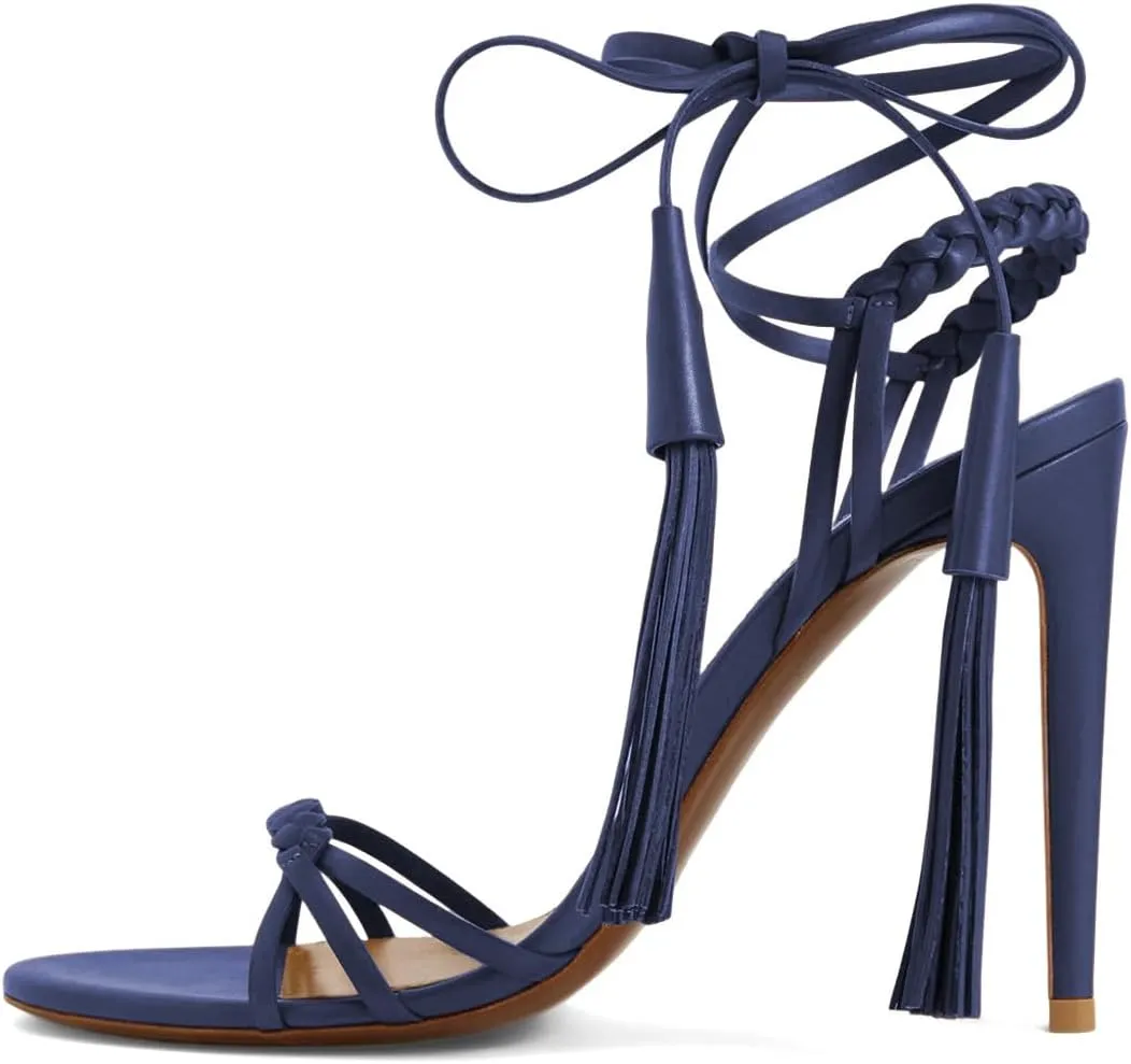 Women Sexy Open Round Toe Lace up Tassels Strappy Sandals Tie up Ankle Wrap Stiletto High Heels Graceful Wedding Evening Event Dressy Shoes Size 4-16 US