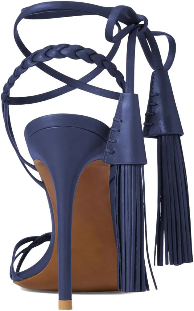 Women Sexy Open Round Toe Lace up Tassels Strappy Sandals Tie up Ankle Wrap Stiletto High Heels Graceful Wedding Evening Event Dressy Shoes Size 4-16 US