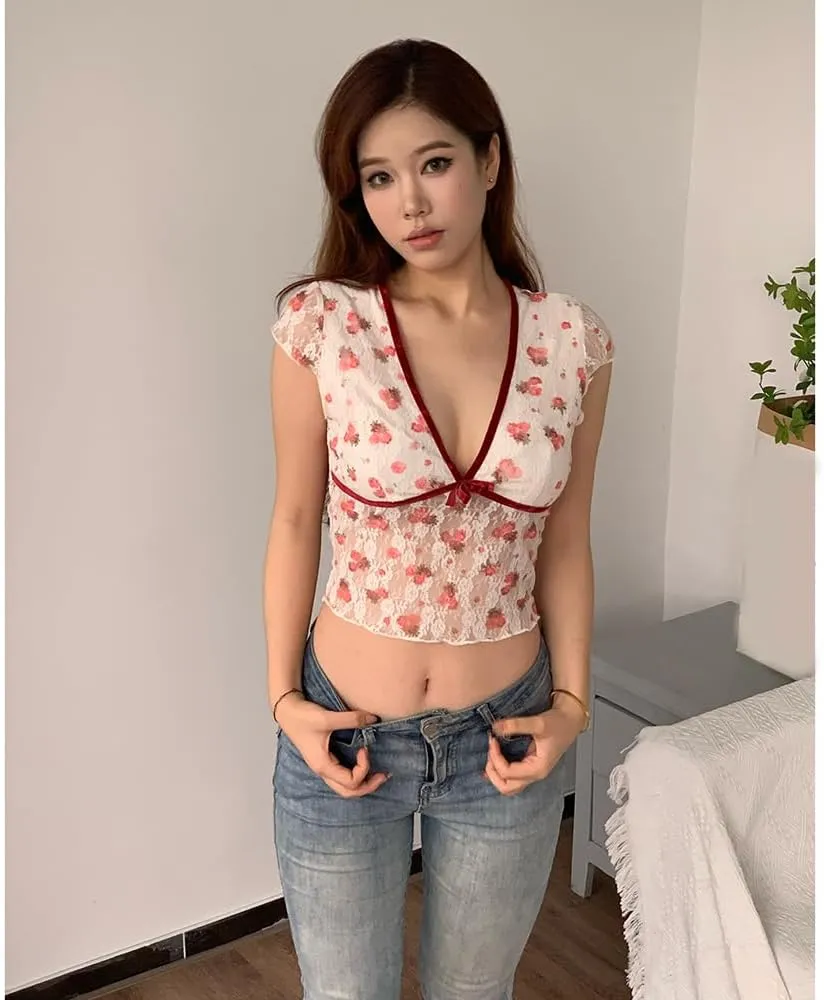 Women Short Sleeve Floral Lace Crop Top Y2k Sheer Mesh See Through T Shirts Fitted Going Out Tees Streetwear