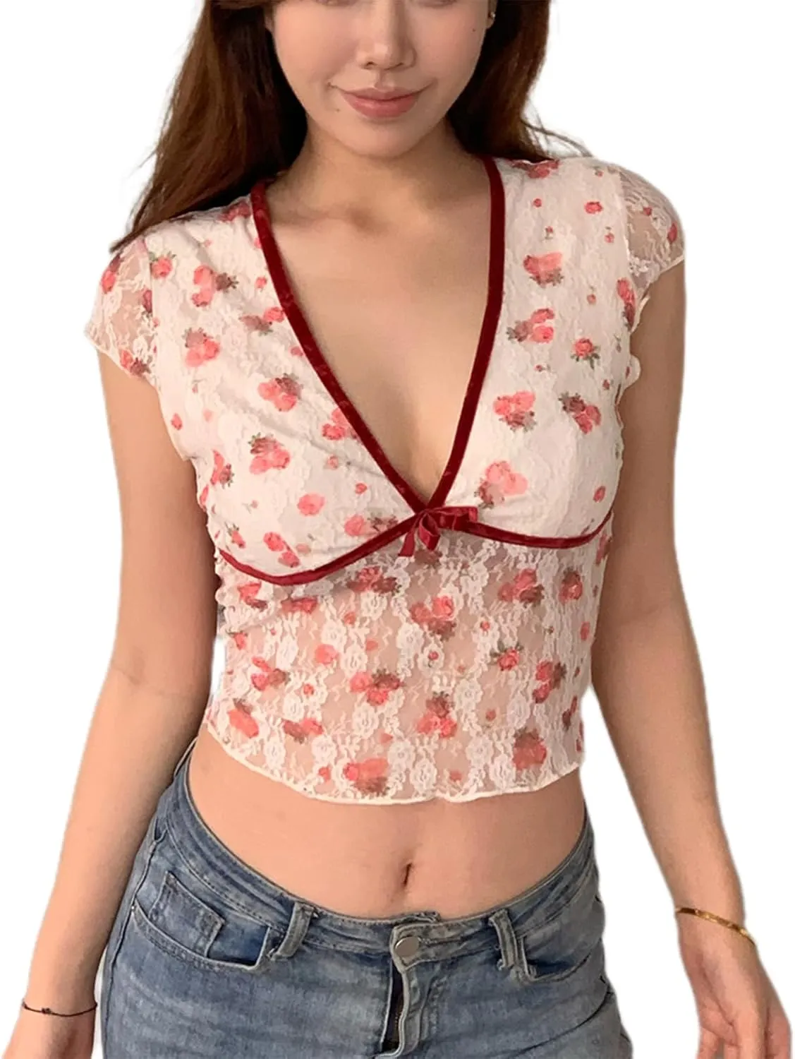 Women Short Sleeve Floral Lace Crop Top Y2k Sheer Mesh See Through T Shirts Fitted Going Out Tees Streetwear