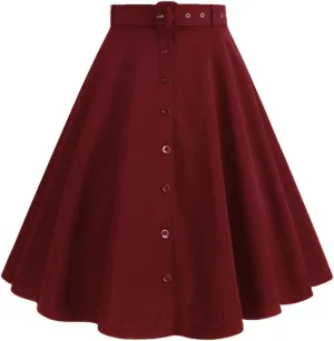 Women Single Breasted High Waist Loose Skirt Summer Vintage Solid Elegant A-Line Skirts