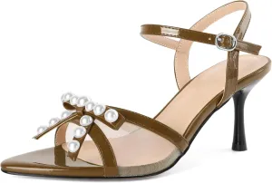 Women Stiletto Heel Sandals Strappy Heels Open Toe Sandals Slingback Heel Sandals Comfort Dressy Pearl Heels Evening Party 3.5 Inch