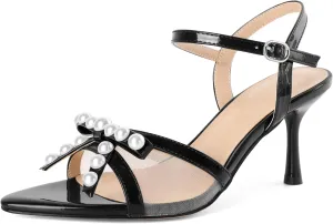 Women Stiletto Heel Sandals Strappy Heels Open Toe Sandals Slingback Heel Sandals Comfort Dressy Pearl Heels Evening Party 3.5 Inch
