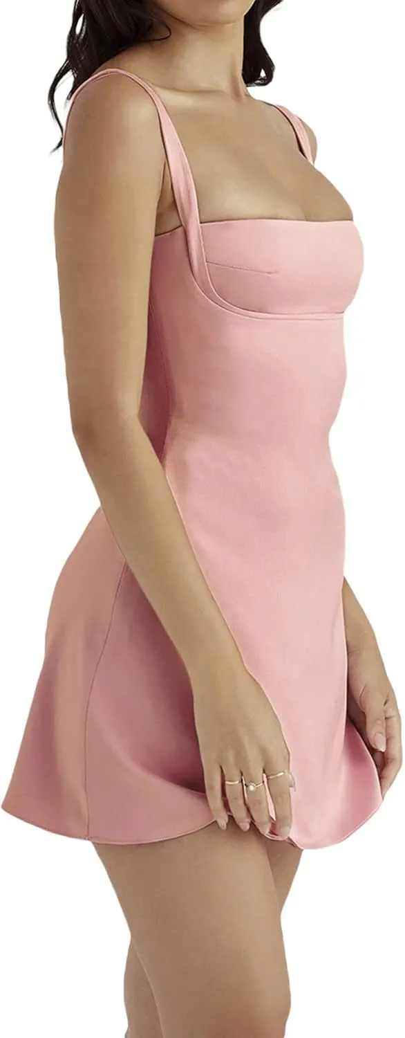 Women Summer Y2k Sling Dress Sleeveless Sexy Spaghetti Straps Lacing Pleated See-Through Party Night Mini Dress