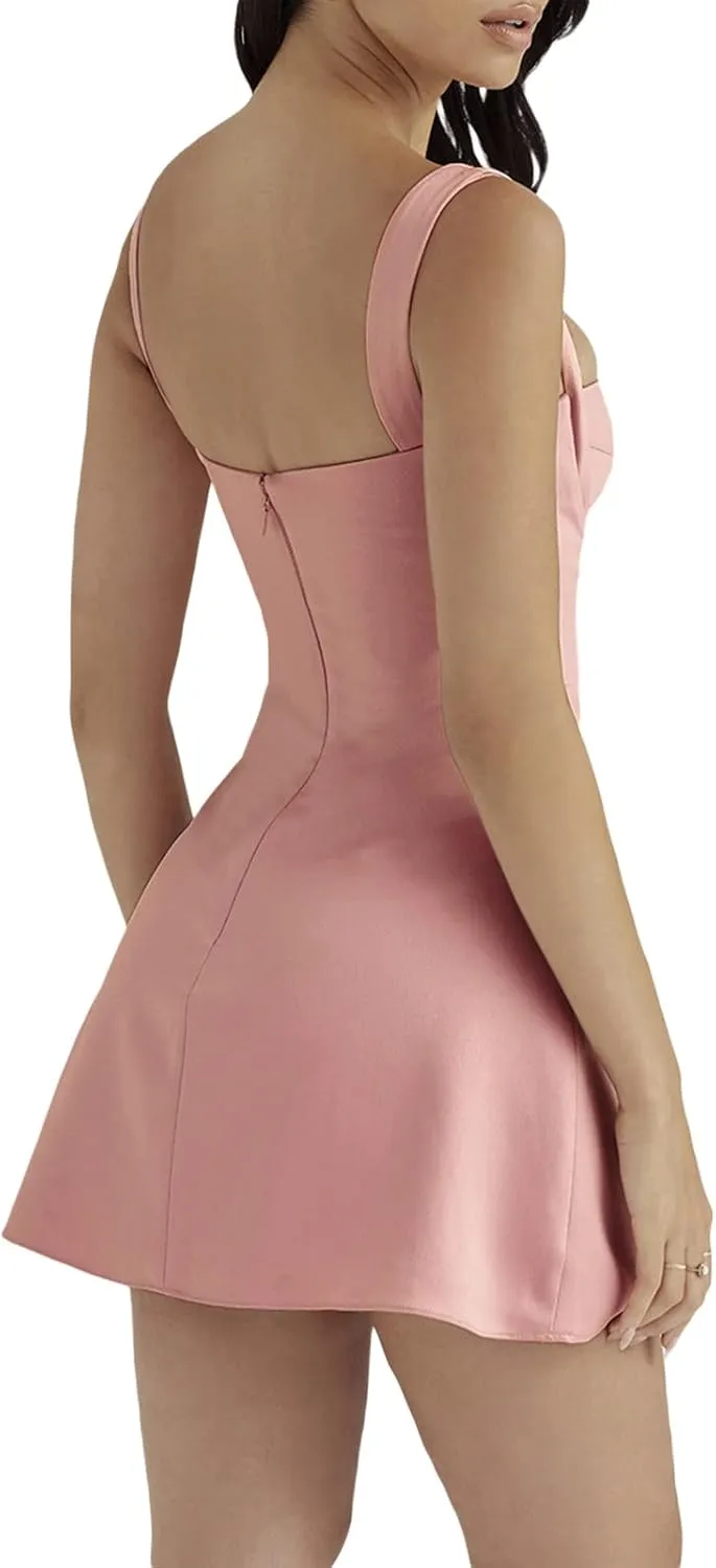 Women Summer Y2k Sling Dress Sleeveless Sexy Spaghetti Straps Lacing Pleated See-Through Party Night Mini Dress