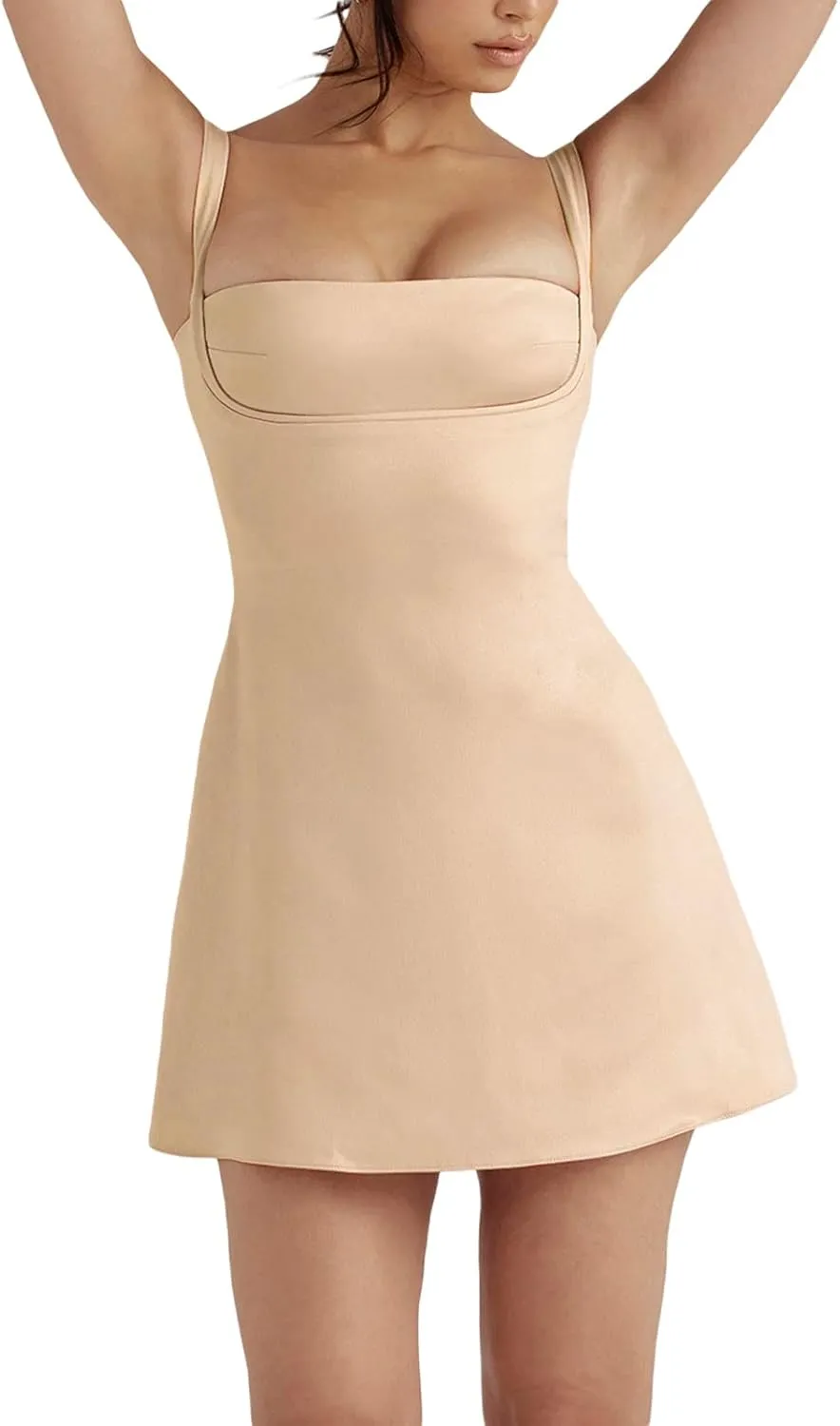 Women Summer Y2k Sling Dress Sleeveless Sexy Spaghetti Straps Lacing Pleated See-Through Party Night Mini Dress