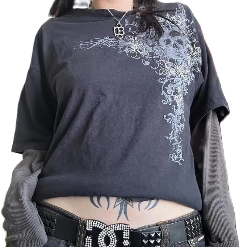Women Y2K Fairy Grunge Shirt 2000s Emo Aesthetic Graphic Tee Halloween Patchwork Long Sleeve Punk Gothic Clothes