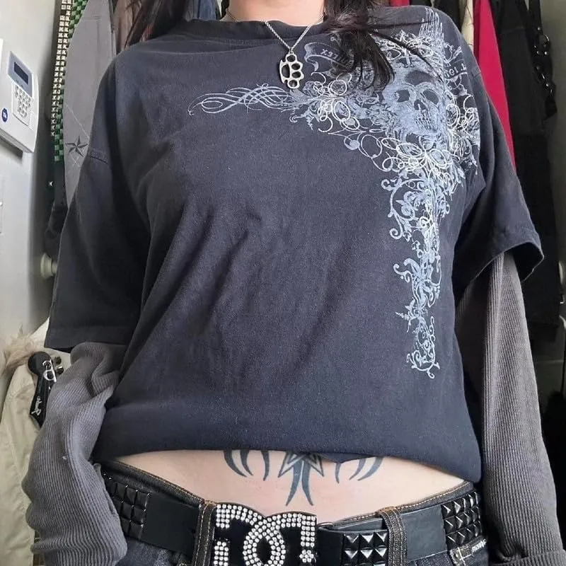 Women Y2K Fairy Grunge Shirt 2000s Emo Aesthetic Graphic Tee Halloween Patchwork Long Sleeve Punk Gothic Clothes
