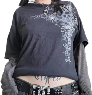 Women Y2K Fairy Grunge Shirt 2000s Emo Aesthetic Graphic Tee Halloween Patchwork Long Sleeve Punk Gothic Clothes