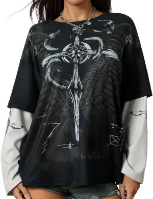 Women Y2K Fairy Grunge Shirt 2000s Emo Aesthetic Graphic Tee Halloween Patchwork Long Sleeve Punk Gothic Clothes