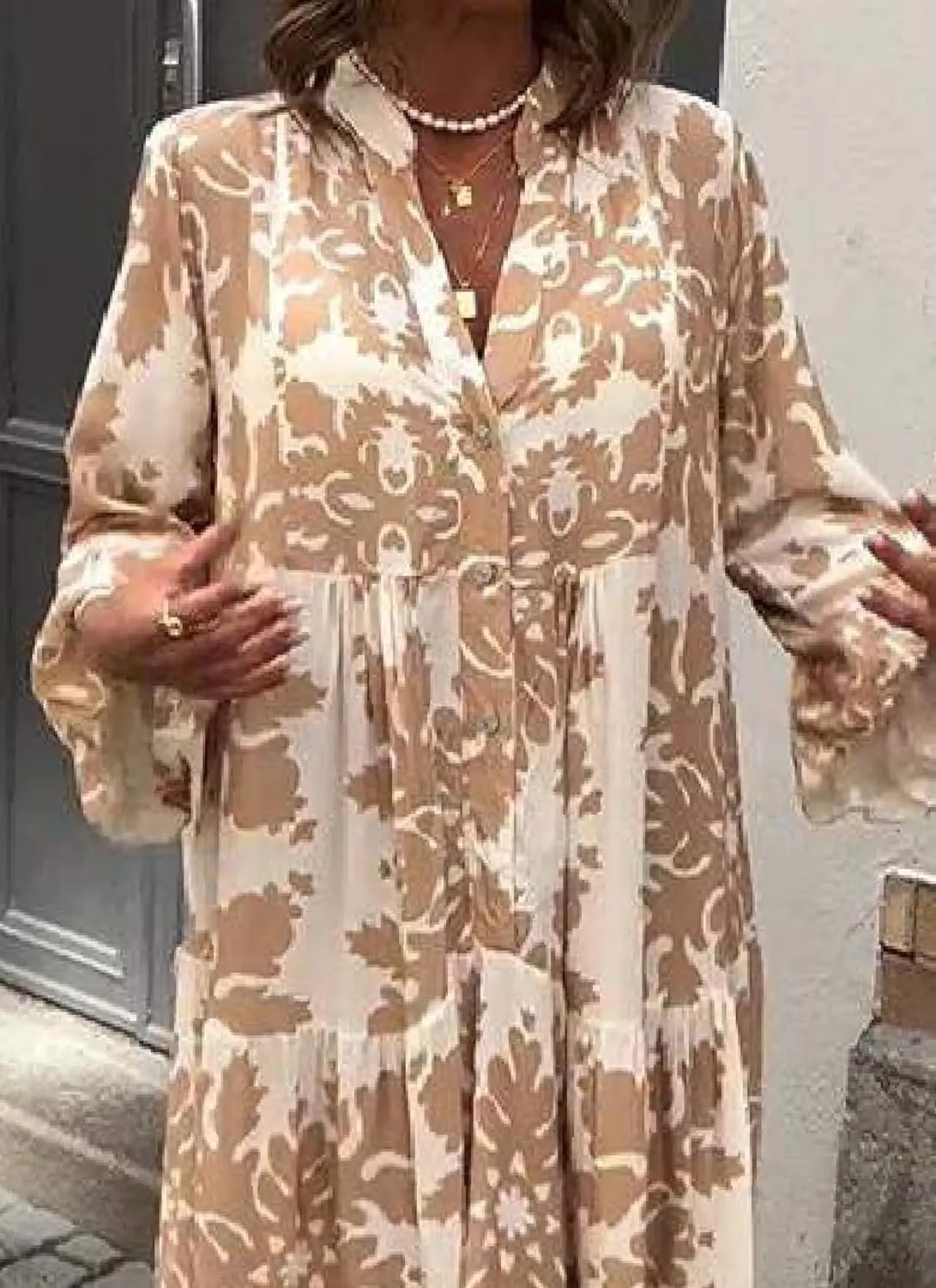 Womens 2025 Elegant Floral Print Maxi Dress Stylish Tiered 3/4 Sleeve Maxi Dress
