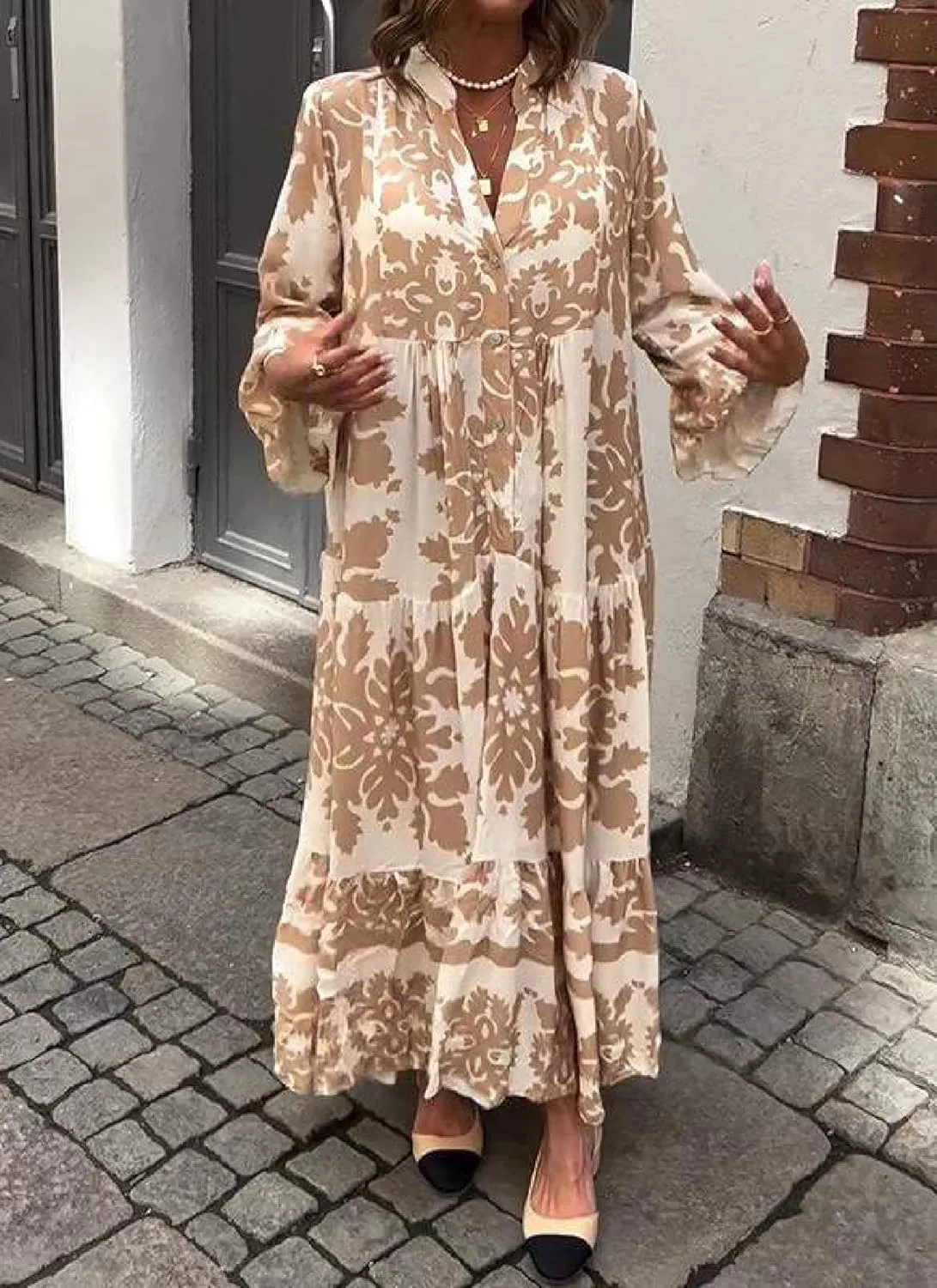 Womens 2025 Elegant Floral Print Maxi Dress Stylish Tiered 3/4 Sleeve Maxi Dress