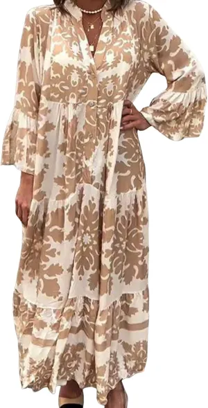 Womens 2025 Elegant Floral Print Maxi Dress Stylish Tiered 3/4 Sleeve Maxi Dress