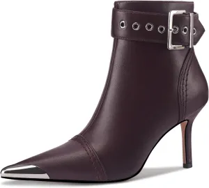 Women's Ankel Booties Metal Pointed Toe High Stilettos Heels Short Boots Belt Buckle Slide Zipper Trendey Show Dress Boots