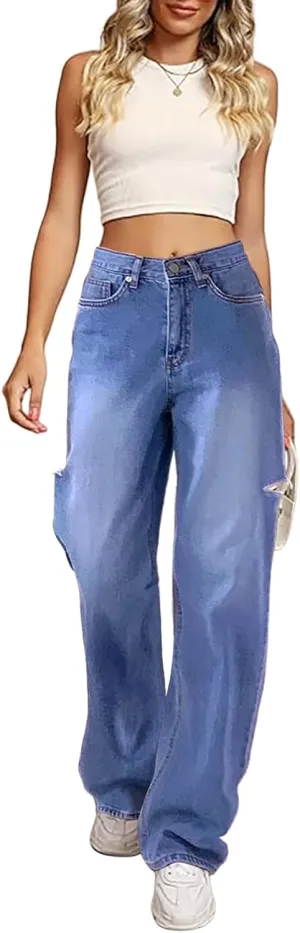 Women's Baggy Boyfriend Jeans Vintage Wide Leg Mid Rise Barrel Denim Pants