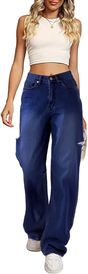 Women's Baggy Boyfriend Jeans Vintage Wide Leg Mid Rise Barrel Denim Pants