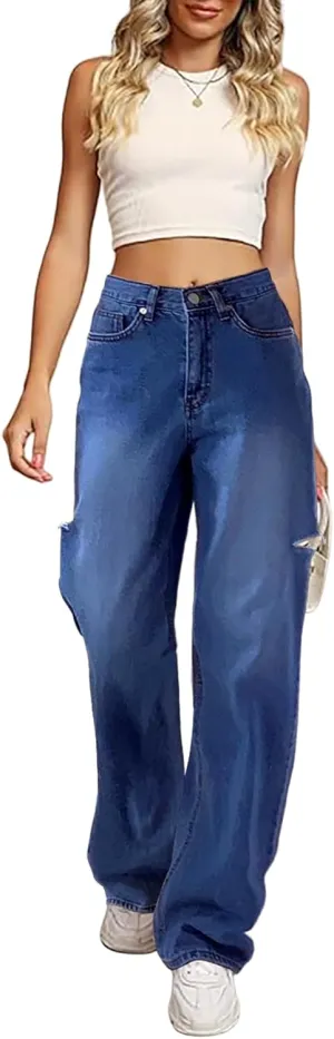 Women's Baggy Boyfriend Jeans Vintage Wide Leg Mid Rise Barrel Denim Pants