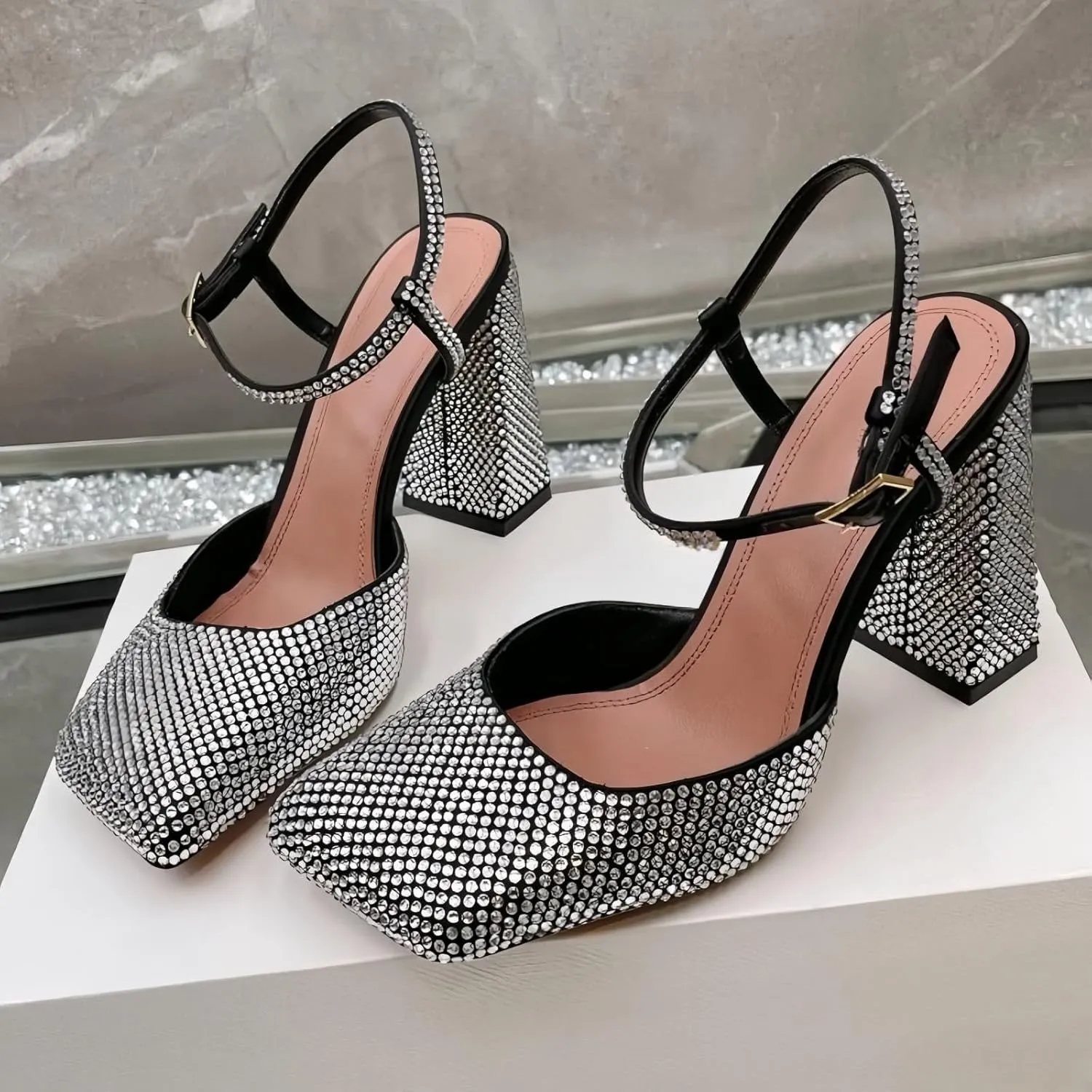 Women's Baotou Rhinestone Chunky Heel Sandals Shallow Square Toe One Buckle Strap High Heels Sandals Women comfortable Banquet Shoes