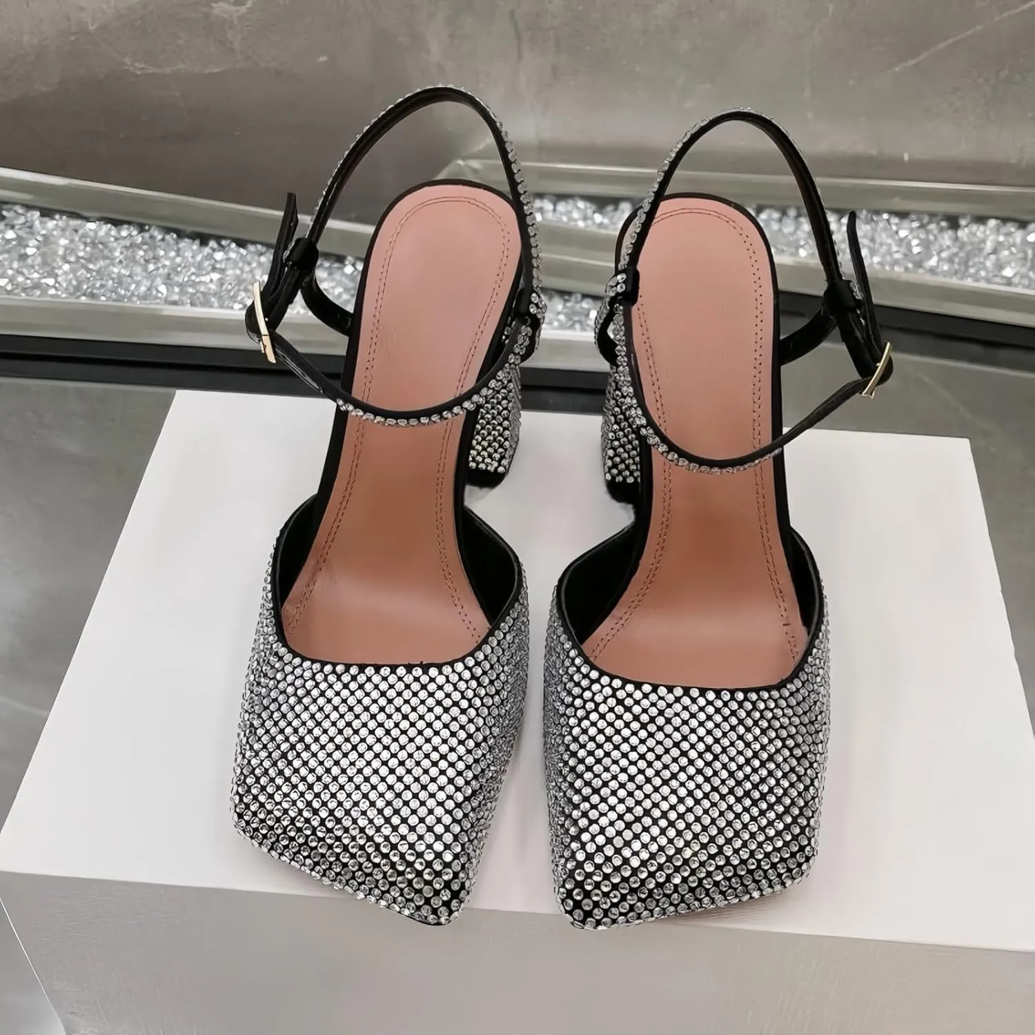 Women's Baotou Rhinestone Chunky Heel Sandals Shallow Square Toe One Buckle Strap High Heels Sandals Women comfortable Banquet Shoes