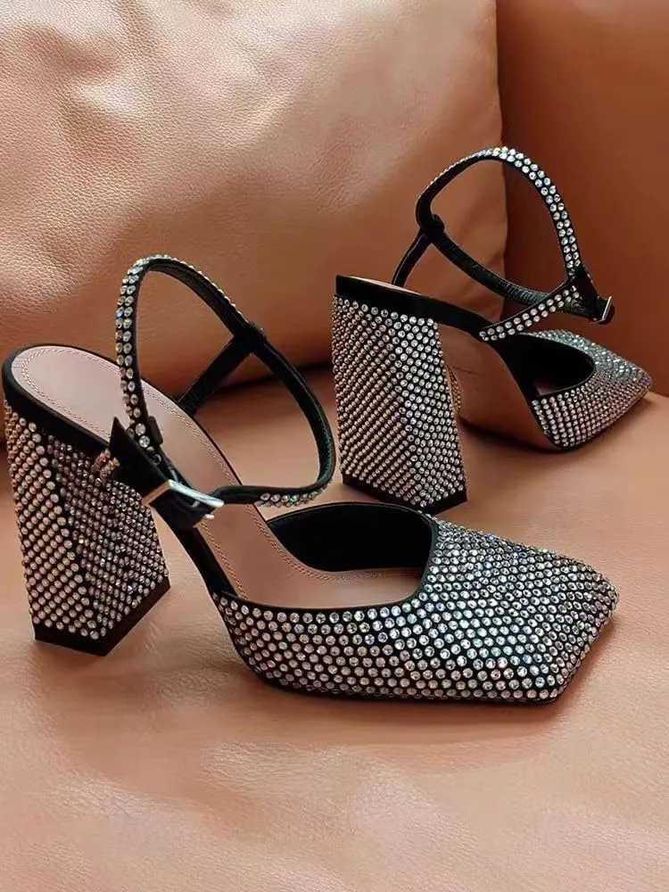 Women's Baotou Rhinestone Chunky Heel Sandals Shallow Square Toe One Buckle Strap High Heels Sandals Women comfortable Banquet Shoes