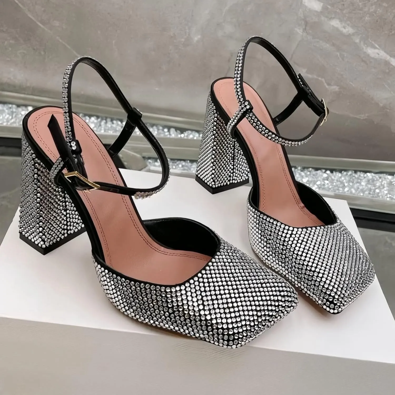 Women's Baotou Rhinestone Chunky Heel Sandals Shallow Square Toe One Buckle Strap High Heels Sandals Women comfortable Banquet Shoes