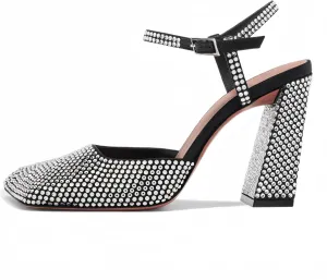 Women's Baotou Rhinestone Chunky Heel Sandals Shallow Square Toe One Buckle Strap High Heels Sandals Women comfortable Banquet Shoes