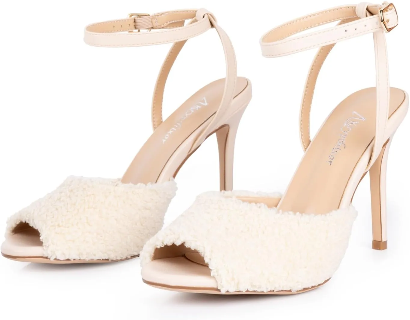 Women's Beige Heeled Sandals With Fuzzy Ankle Strap Sexy Stiletto Heel Sandal For Women Cute Peep Toe High Heels Elegant Dress Shoes For Wedding Prom Dancing