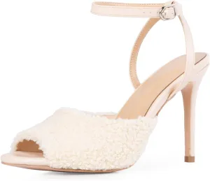 Women's Beige Heeled Sandals With Fuzzy Ankle Strap Sexy Stiletto Heel Sandal For Women Cute Peep Toe High Heels Elegant Dress Shoes For Wedding Prom Dancing