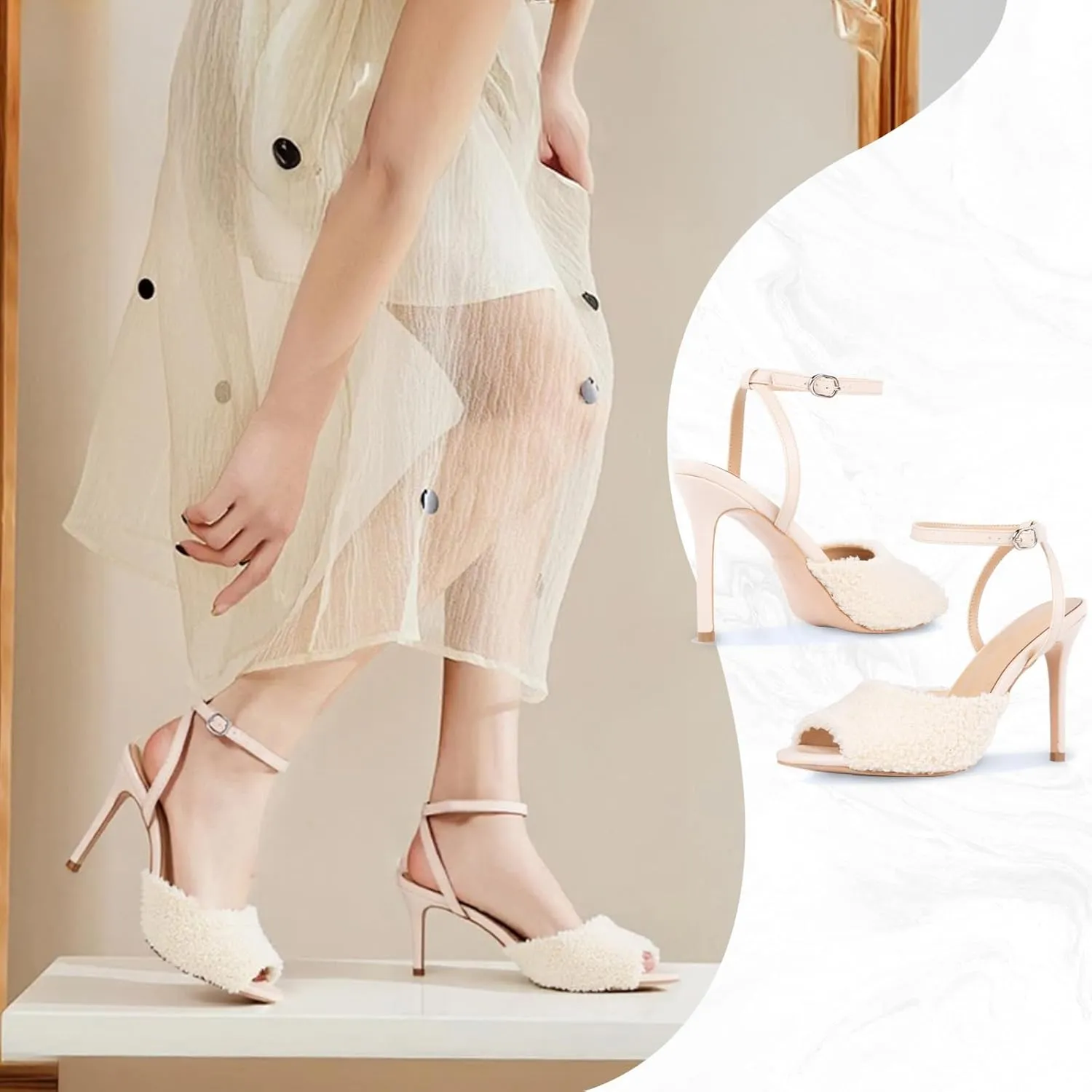 Women's Beige Heeled Sandals With Fuzzy Ankle Strap Sexy Stiletto Heel Sandal For Women Cute Peep Toe High Heels Elegant Dress Shoes For Wedding Prom Dancing